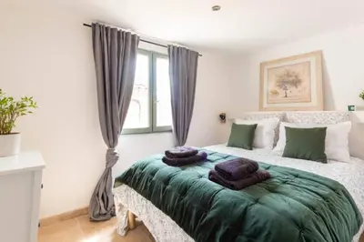 a bedroom with a large bed with pillows on it at Le marronnier 3: Superbe appart au coeur de la petite venise in LʼIsle-sur-la-Sorgue