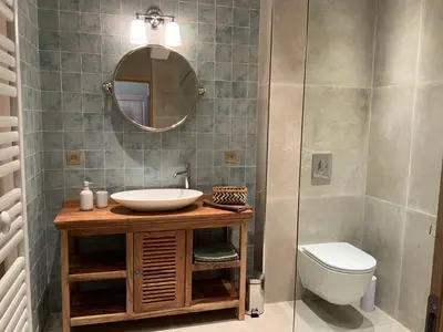a bathroom with a sink and a mirror and a toilet at La Bastide des Grands Chênes in Lambesc