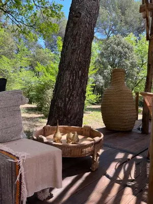 a bird bath sitting on a deck next to a tree at La Bastide des Grands Chênes in Lambesc