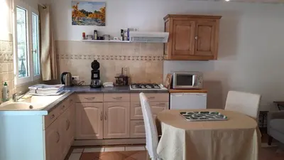 a kitchen with a table and a stove and a microwave at Mini gite foulon in Crillon-le-Brave