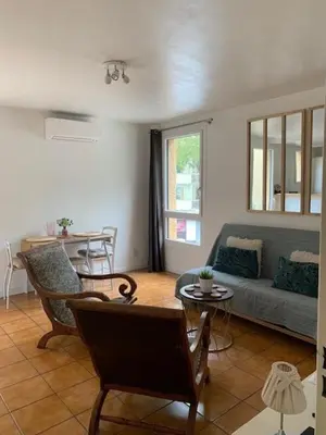 a living room with a couch and a table at Beau T2 clim terrasse idéalement situé in Aix-en-Provence