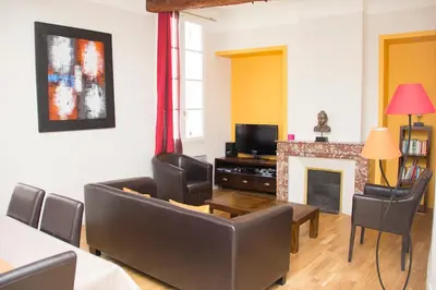 a living room with a couch and a fireplace at Appartement de Charme in Aix-en-Provence