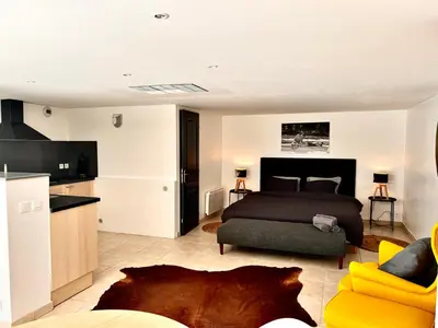 a bedroom with a bed and a couch and a kitchen at Provence mon amour in La Tour-dʼAigues