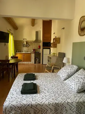 a large bed in a room with a kitchen at Les Célestins - Studios indépendants in Carpentras