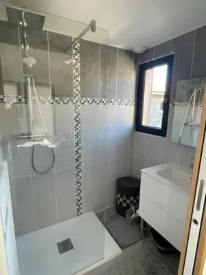a bathroom with a shower and a sink at campdebaseventoux, vue sur le ventoux insolite in Bédoin