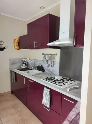 a kitchen with purple cabinets and a stove at GITE AUX 4 SAISONS DU COLORADO PROVENÇAL - 3 ÉTOILES - Rustrel in Rustrel