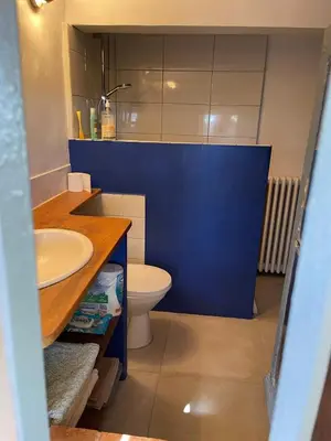 a bathroom with a white toilet and a blue wall at Maison en campagne avec vues panoramiques - close to a lake in La Tour-dʼAigues