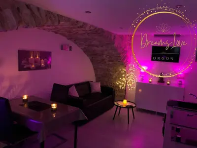 a living room with a couch and a neon sign at Appartement Love room avec jacuzzi et hammam privatisé Lieu insolite en amoureux Spa détente assurée avec de doux massages en options sur demande in Orgon