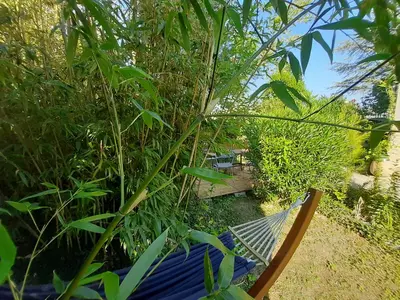 a hammock in the middle of a garden at Villa 