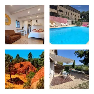 a collage of pictures of a house and a pool at Escapade romantique au cœur du Luberon, Piscine, calme et vue magique in Viens
