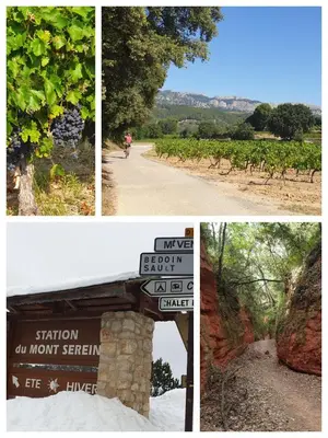 a collage of four pictures of a road with a sign at Bastidon les Demeures du Ventoux in Aubignan