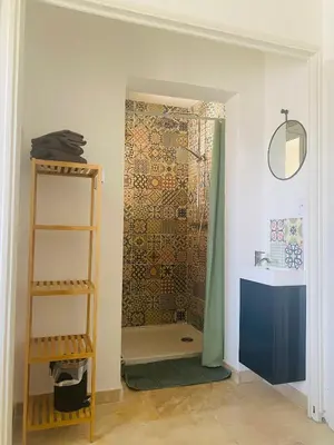 a bathroom with a shower with a toilet and a shelf at La Maison d à côté 8 à 10 personnes in Carpentras