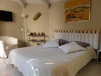 a bedroom with a large white bed with pillows at Le Clos Martin in Eyragues