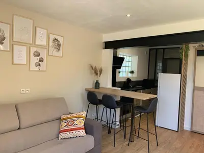 a living room with a couch and a kitchen with a counter at A l'ombre de l'Olivier Spacieux Clim Parking Cosy in LʼIsle-sur-la-Sorgue