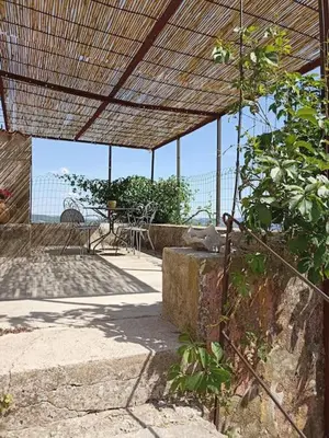 a patio with a table and a straw roof at Gite avec piscine 