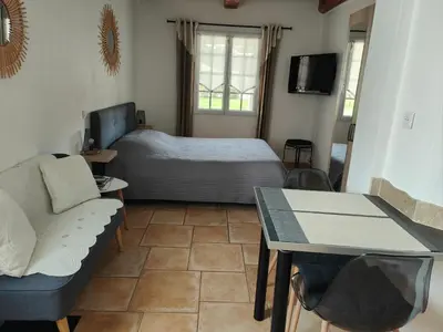 a bedroom with a bed and a desk and a table at La Plénitude in Le Thor