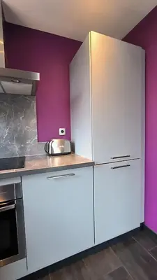 a kitchen with white cabinets and purple walls at Appartement Port Royal in Aix-en-Provence