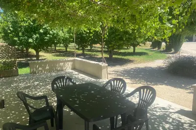 a black table and chairs in a park with trees at Le Ribbou in LʼIsle-sur-la-Sorgue