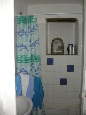 a bathroom with a sink and a shower curtain at Maison accueillante à Reillanne avec jardin clos in Reillanne