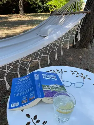 a table with a book and a drink and a hammock at Le Mas de Caroline in Gargas