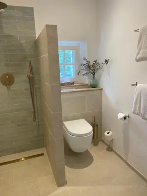 a bathroom with a toilet and a shower with a window at Le Mas de Caroline in Gargas