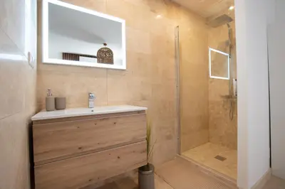 a bathroom with a sink and a shower at Au NÈGO CHIN 105m2 en bord de Sorgue in LʼIsle-sur-la-Sorgue