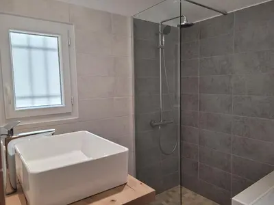 a bathroom with a shower with a white sink at L'Oustau de Laëtitia Animaux bienvenus in Fontaine-de-Vaucluse