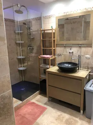 a bathroom with a sink and a shower at Au milieu des Piboules de Provence. in LʼIsle-sur-la-Sorgue