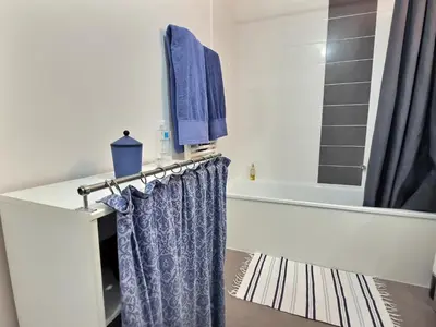 a bathroom with a blue shower curtain and a tub at Vaste appartement avec terrasse, parking, proche Parc Expo Avignon in Avignon