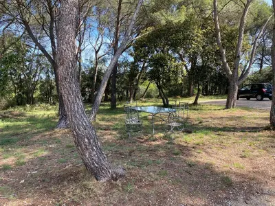 a table and chairs in a park with trees at Maison dans la pinède in Rognes