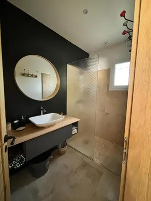 a bathroom with a sink and a mirror and a shower at Maison dans la pinède in Rognes