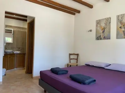 a bedroom with a purple bed in a room at Les Célestins - Villa en Provence in Carpentras