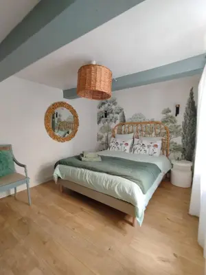 a bedroom with a bed with a mirror and a dog laying on it at A l'Ombre de la Dame in Cucuron
