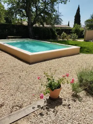 a swimming pool with a potted plant next to it at Les Chêneslierres in Lourmarin