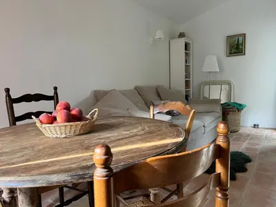 a table with a basket of apples and a couch at Charming village house in Goult in Goult