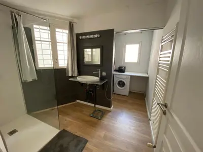 a bathroom with a shower and a sink and a washing machine at Appartement eygalieres avec petit jardin in Eygalières