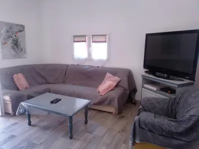 a living room with a couch and a tv at Gite à la campagne à 15 kms d'Aix in Saint-Cannat