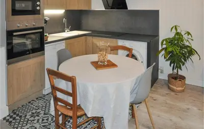 a kitchen with a white table and chairs and a table with a plant at Awesome Apartment In Rustrel in Rustrel