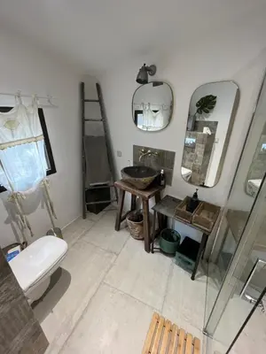 a bathroom with a toilet and a mirror at Le Mazet de l'Isle sur la Sorgue in Saumane-de-Vaucluse