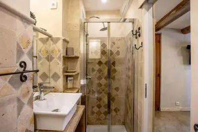 a bathroom with a sink and a shower at La maison du château in Fontaine-de-Vaucluse