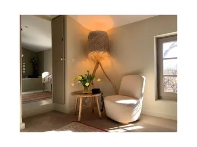 a living room with a chair and a floor lamp at Les Jardins de Sitaara in Cucuron
