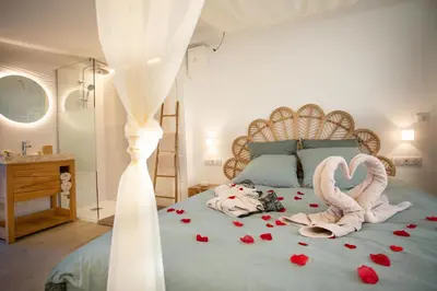 a bed with two swans and roses on it at Lovina chambre de charme avec jacuzzi in Velaux