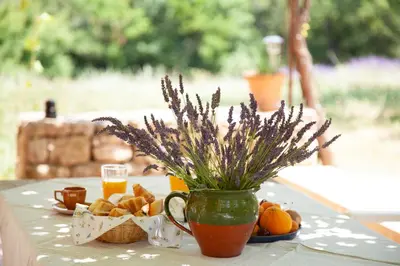 a table with a vase of flowers and a plate of fruit at Gîte St Roch en Luberon in Castellet
