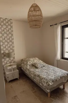 a bedroom with a bed and a chandelier at L'Olivier in Mormoiron