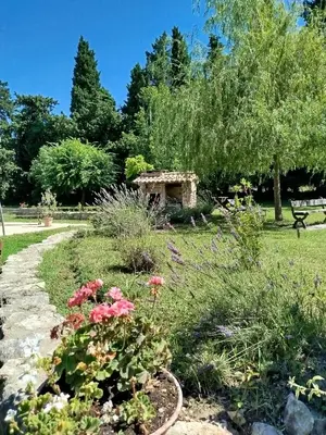 a garden with flowers and a stone pathway at Charmante bergerie dans un cadre bucolique in Saint-Rémy-de-Provence