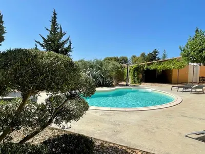 a small swimming pool in a yard with trees at Beau studio en duo au coeur du Luberon in Saumane-de-Vaucluse
