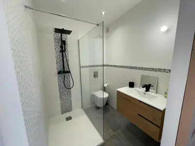 a bathroom with a shower and a toilet and a sink at Beau studio en duo au coeur du Luberon in Saumane-de-Vaucluse