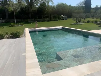 a swimming pool in a yard with a person standing in it at Mas des Oliviers in Eyragues
