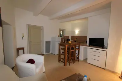 a living room with a table and a kitchen at Gites Provence et Nature - Ambiance familiale et conviviale en Luberon in Cabrières-dʼAvignon