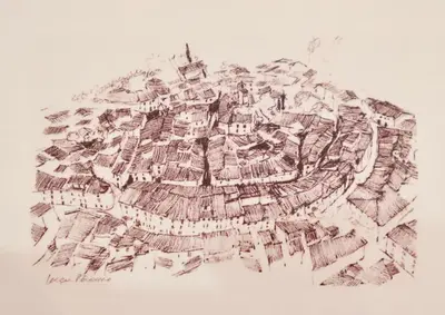a drawing of a city with houses on a hill at Duplex Atelier / coeur de Lourmarin in Lourmarin